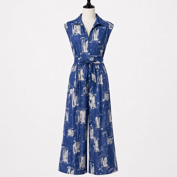 non-stop Pants - Vintage 1970s Blue Jumpsuit | Retro Wide Leg Tie Waist | Boho Mod | Size M